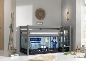 Cama alta de Criança PINO 90 x 200 cm + estrado + escada + cortina Policia Cinzenta