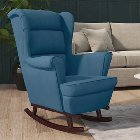 Cadeira de baloiço c/ pernas em madeira seringueira veludo azul
