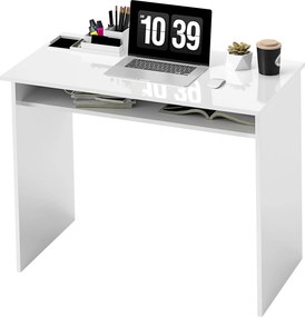 Secretária de escritório simples, elegante e compacta com 1 prateleira, em aglomerado, dim. 90 x 50 x 74 cm, lacada a branco