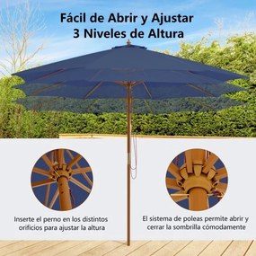 Guarda-sol 300 x 300 x 262 cm com 8 varas de bambu com elevação por roldana e orifício de ventilação para praia ou jardim Azul Marinho