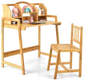 Conjunto de Mesa e Cadeira Bambu para Crianças Altura Ajustável Prateleira Natural
