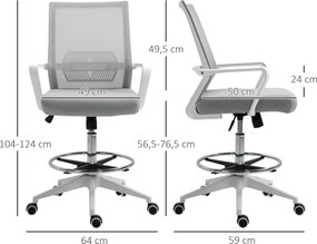 Cadeira de escritório com assento alto ajustável, 64 x 59 x 104-124 cm, cadeira giratória com rotação de 360°, tecido respirável cinzento e branco