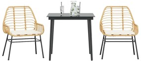 Conjunto jantar jardim 3 peças almofadas vidro vime PE castanho