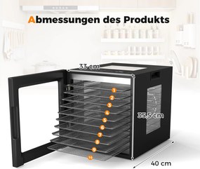 Desidratador de alimentos com bandejas de aço inoxidável Secador de alimentos com ecrã LED Temperatura 35-75 ℃ e temporizador