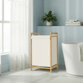 Cesto de roupa suja com tampa 45 x 40 x 78 cm, 2 compartimentos; cesto de roupa suja com estrutura de bambu, saco de roupa suja removível Creme