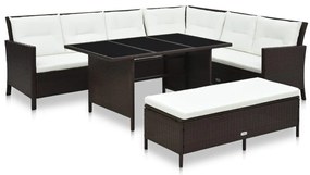 3 pcs conjunto lounge jardim c/ almofadões vime PE castanho