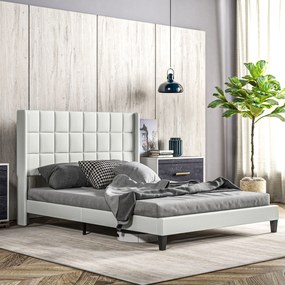 Estrutura de Cama 135x190 cm com Cabeceira Estofada em Linho e Espaço de Armazenamento Debaixo da Cama Bege