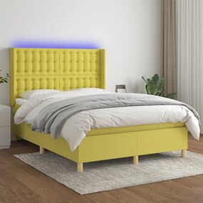 vidaXL Cama box spring c/ colchão e LED 140x190 cm tecido verde