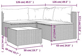 4 pcs conjunto lounge jardim c/ almofadões vime PE castanho
