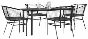 Conjunto de jantar jardim 5 peças almofadas vidro vime PE preto