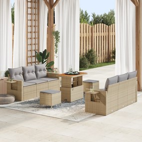 Conjunto de Sofá de Jardim vidaXL 9 Peças com Almofadas Bege Rattan Po