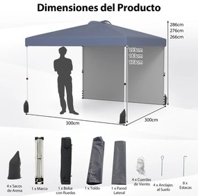 Tenda Pop up portátil para jardim, festas, eventos de 3 x 3 m com parede lateral, 4 x Sacos de areia e com bolsa enrolável cinzenta.