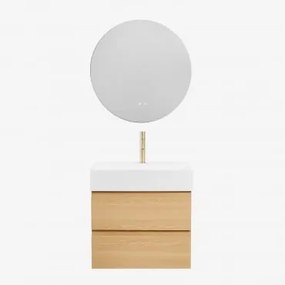 Conjunto De Móvel De Casa De Banho Em Madeira E Chapa De Freixo Com Lavatório Integrado Ona Madeira Natural & Redondo Led E - Sklum