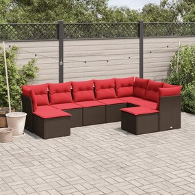 vidaXL 9 pcs conjunto sofás p/ jardim c/ almofadões vime PE castanho