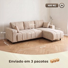 Sofá Chaise Longue Reversível de 3 Lugares com 2 Almofadas Tecido Efeito Linho Estrutura em Aço 242x156x87 cm Bege