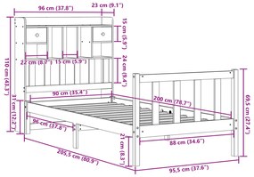 Cama com estante sem colchão 90x200cm pinho maciço castanho-mel