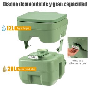 Sanita móvel portátil com tanque de resíduos de 20 l, assento confortável para viagens, acampamento, excursões, cinza 42 x 36 x 43 cm Verde