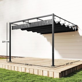 Pérgola de Parede para Jardim 3x3 m com Teto Retrátil Proteção UPF30+ Drenagem Pérgola de Jardim para Exterior Cinzento