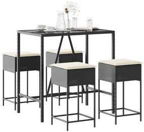 vidaXL 5 pcs conjunto de bar p/ jardim c/ almofadões vime PE preto