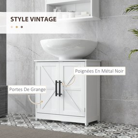 Móvel casa banho para lavatório (NÃO INCLUIDO) 60 x 30 x 60 cm, com 2 portas magnéticas em estilo rústico e prateleiras,  branco