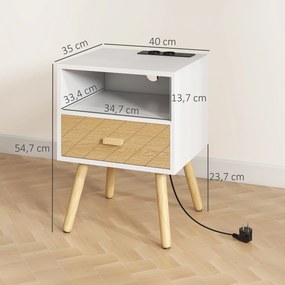 Mesa de Cabeceira com Estação de Carregamento Gaveta 2 Tomadas AC Porta USB e Tipo-C  40x35x54,7 cm Branco