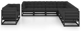 9pcs conjunto longue de jardim c/ almofadões pinho maciço preto