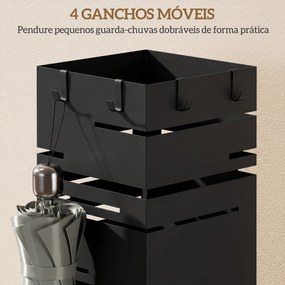 Suporte para Guarda Chuva Metálico com 4 Ganchos e Bandeja de Recolha de Gotas Removível  15,5x15,5x49 cm Preto