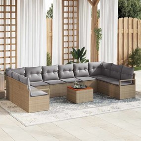 Conjunto de Sofá de Jardim de 11 Peças com Almofadas Bege Polirattan Acácia