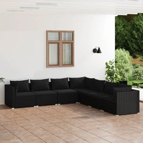 7 pcs conjunto lounge de jardim c/ almofadões vime PE preto