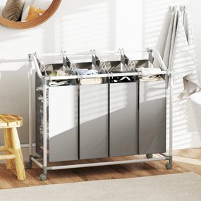 Cesto de roupa suja com rodas 4 x 40 L, 97 x 38 x 81 cm, carrinho para roupa suja, cesto com rodas com 4 sacos removíveis, cinzento