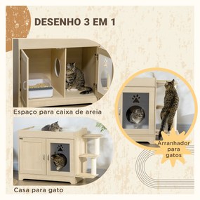 Caixa de Areia para Gatos de Madeira com 2 Portas Móvel para Caixa de Areia com Cama Almofada Suave 3 Plataformas e Postes de Sisal 107x54x70cm Carval