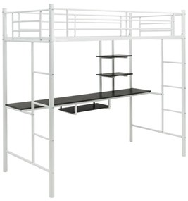 Cama alta com secretária infantil, 2 escadas bilaterais e 2 prateleiras de arrumação estrutura Branca