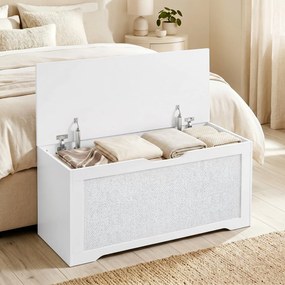 Baú de Arrumação 136L com Painel de Ratã e Tampa com Braços de Apoio, 100x40x45 cm, Branco