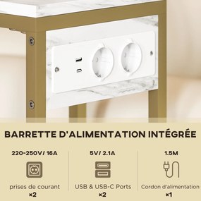 Mesa auxiliar em forma de C com estação de carregamento, saco de arrumação em tecido e tampo com efeito de mármore, 46 x 25 x 62,5 cm, branco e dourad