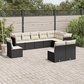 10 pcs conjunto sofás de jardim c/ almofadões vime PE preto