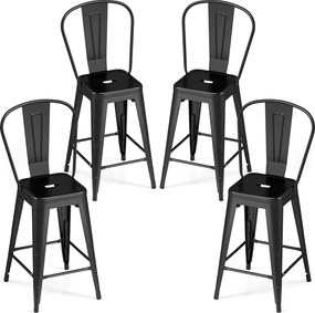 Conjunto de 4 Bancos de Bar com Encosto, 44,5 x 45,5 x 103 cm, Empilháveis, Preto