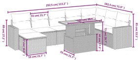 9 pcs conjunto sofás p/ jardim com almofadões vime PE cinzento