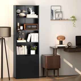 Estante para Livros de 6 Níveis Portas e 4 Prateleiras Abertas para Sala Escritório 59x29x180 cm Preto