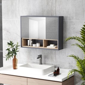 Móvel de casa de banho parede com espelho 80 x 20 x 60 cm, com 3 portas e 8 compartimentos, cinzento