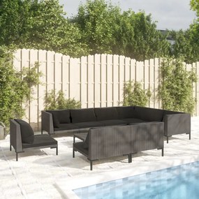 vidaXL 10 pcs conj. lounge jardim c/ almofadões vime PE cinza-escuro