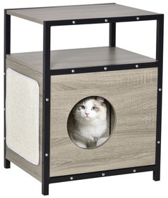 PawHut Casa para Gatos de Madeira com Aparência de Mesa Auxiliar Caverna com Almofada Extraível Porta com Orifício e Tapete Arranhador 48x40x64,5cm Carvalho Cinza