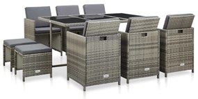 46537 vidaXL 11 pcs conjunto jantar exterior c/ almofadões vime PE cinzento