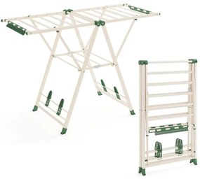 Estendal dobrável 141 x 56 x 99–148 cm com braços ajustáveis, pinças para meias e prateleira para sapatos, estendal independente para roupa, cor bege