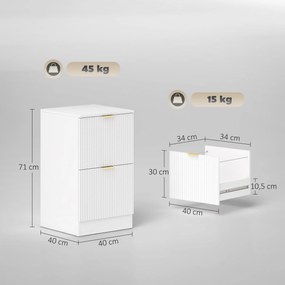 Bloco de Gavetas de Escritório com 2 Gavetas Frentes Caneladas Móvel para Arquivo para Tamanho A4 ou Carta 40x40x71 cm Branco