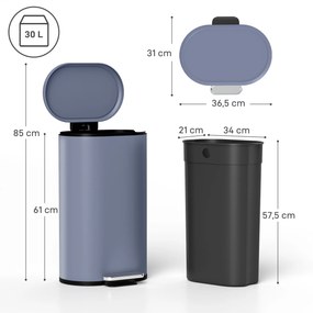Caixote do lixo de cozinha de 30 L, com pedal, balde interior removível, tampa com fecho suave, 36,5 x 31 x 61 cm, cinzento