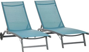 Outsunny Conjunto de 2 Espreguiçadeiras para Exterior com Encosto Ajustável em 5 Níveis e Rodas para Praia Piscina 165x66x102 cm Azul | Aosom Portugal