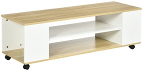 HOMCOM Móvel para TV com Rodas Armário para TV Flutuante com 2 Portas e 2 Prateleiras 120x40x38,5cm Branco e Madeira