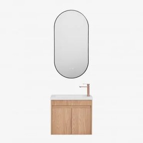 Conjunto De Móvel De Casa De Banho Suspenso Em Madeira Com Lavatório Integrado Narek Castanho Fresno & Ovale Led E Antifog Preto 50x100 Cm - Sklum