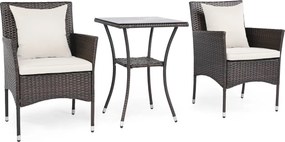 Conjunto de jardim de 3 peças: cadeiras de vime castanho misto com mesa de vidro temperado de dupla camada Castanho com almofadas brancas