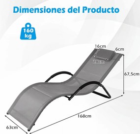 Espreguiçadeira de exterior com estrutura curva, apoio para a cabeça removível e apoios de braços ergonómicos, para jardim ou praia cinzenta